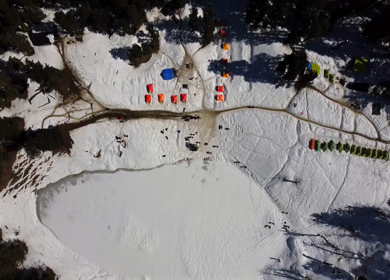 Aerial View of Kedarkantha Winter Trek with Snow Covered Mountains Uttarakhand