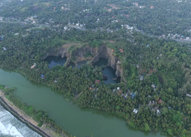 Aerial View of Kerala Coastline Backwaters and Rocky Quarry Landscape Malappuram India