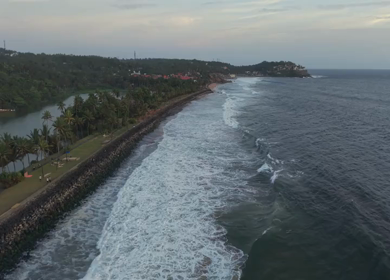 Aerial View of Kerala Coastline with Waves and Coconut Trees in India
