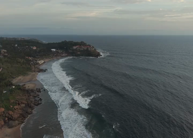 Aerial View of Kerala Coastline with Waves and Coconut Trees in India