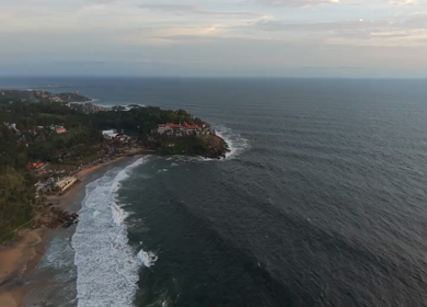 Aerial View of Kerala Coastline with Waves and Coconut Trees in India