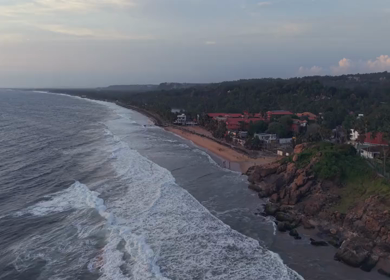 Aerial View of Kerala Coastline with Waves and Coconut Trees in India