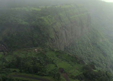 Aerial View of Kumbhe Plateau and Misty Sahyadri Mountain Cliffs Maharashtra