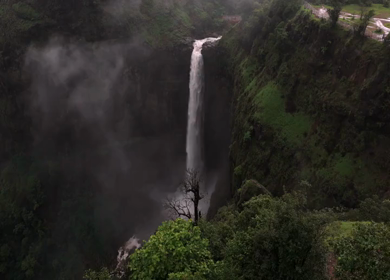 Aerial View of Kumbhe Waterfall and Misty Cliffs Maharashtra