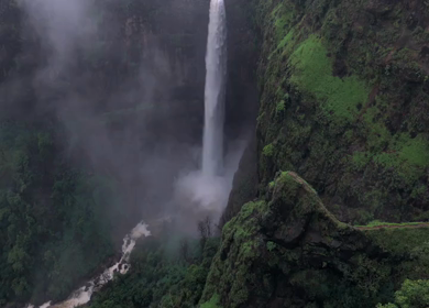 Aerial View of Kumbhe Waterfall and Misty Cliffs Maharashtra
