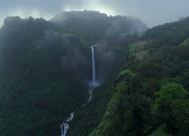 Aerial View of Kumbhe Waterfall and Misty Cliffs Maharashtra