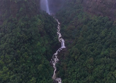 Aerial View of Kumbhe Waterfall and Misty Cliffs Maharashtra