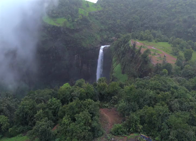 Aerial View of Kumbhe Waterfall and Misty Cliffs Maharashtra