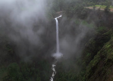 Aerial View of Kumbhe Waterfall and Misty Cliffs Maharashtra