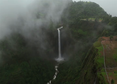 Aerial View of Kumbhe Waterfall and Misty Cliffs Maharashtra
