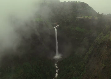 Aerial View of Kumbhe Waterfall and Misty Cliffs Maharashtra