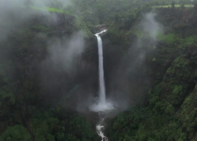 Aerial View of Kumbhe Waterfall and Misty Cliffs Maharashtra