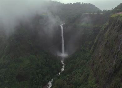 Aerial View of Kumbhe Waterfall and Misty Cliffs Maharashtra