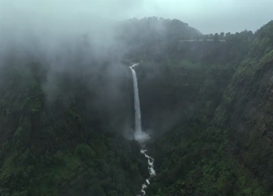 Aerial View of Kumbhe Waterfall and Misty Cliffs Maharashtra