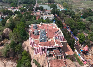 Aerial View of Kundrakudi Murugan Temple and Temple Chariot Festival in Sivaganga Tamil Nadu India