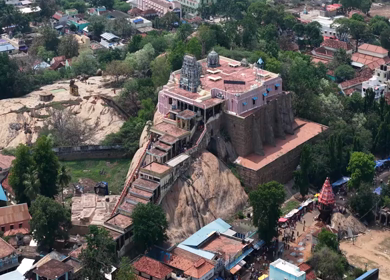 Aerial View of Kundrakudi Murugan Temple and Temple Chariot Festival in Sivaganga Tamil Nadu India