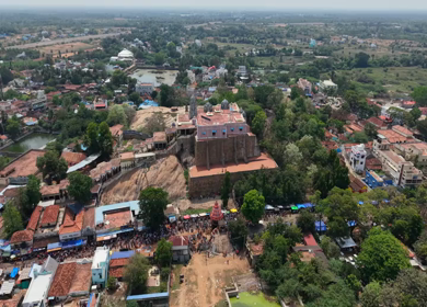 Aerial View of Kundrakudi Murugan Temple and Temple Chariot Festival in Sivaganga Tamil Nadu India