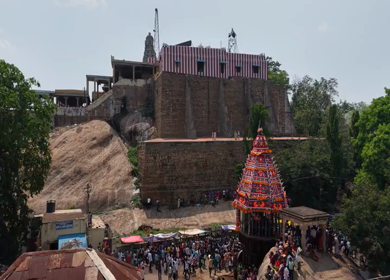 Aerial View of Kundrakudi Murugan Temple and Temple Chariot Festival in Sivaganga Tamil Nadu India