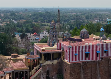 Aerial View of Kundrakudi Murugan Temple and Temple Chariot Festival in Sivaganga Tamil Nadu India
