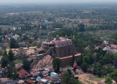 Aerial View of Kundrakudi Murugan Temple and Temple Chariot Festival in Sivaganga Tamil Nadu India