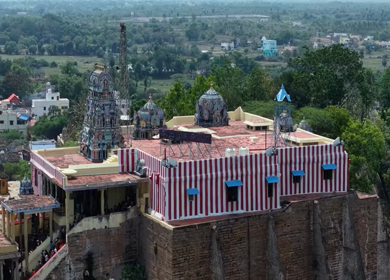 Aerial View of Kundrakudi Murugan Temple and Temple Chariot Festival in Sivaganga Tamil Nadu India