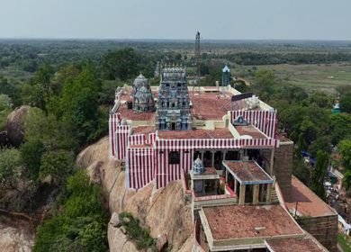 Aerial View of Kundrakudi Murugan Temple and Temple Chariot Festival in Sivaganga Tamil Nadu India