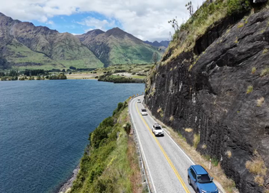 Aerial View of Lake Wanaka and Scenic Mountain Road in Otago New Zealand