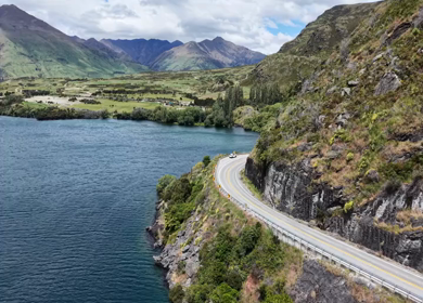 Aerial View of Lake Wanaka and Scenic Mountain Road in Otago New Zealand