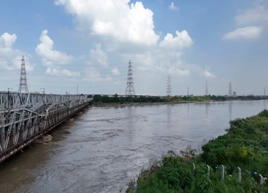 Aerial Drone View of Lohapul, Old Yamuna Bridge, Delhi, India – High Water Levels, 2025 Rains