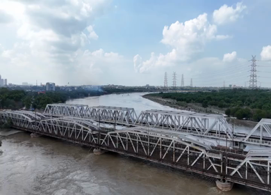 Aerial Drone View of Lohapul, Old Yamuna Bridge, Delhi, India – High Water Levels, 2025 Rains