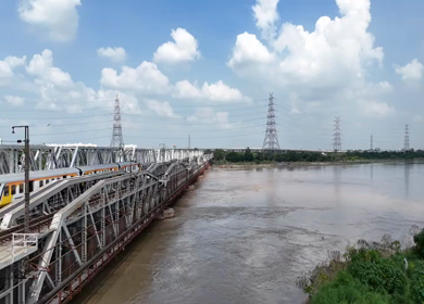 Aerial Drone View of Lohapul, Old Yamuna Bridge, Delhi, India – High Water Levels, 2025 Rains