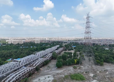 Aerial Drone View of Lohapul, Old Yamuna Bridge, Delhi, India – High Water Levels, 2025 Rains