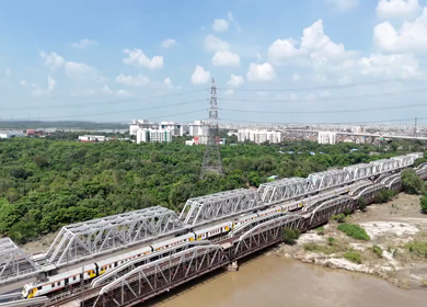 Aerial Drone View of Lohapul, Old Yamuna Bridge, Delhi, India – High Water Levels, 2025 Rains