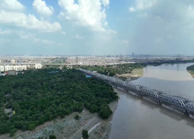 Aerial Drone View of Lohapul, Old Yamuna Bridge, Delhi, India – High Water Levels, 2025 Rains