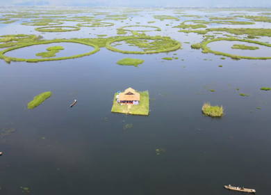 Aerial View of Loktak Lake Floating Islands Phumdis in Manipur India