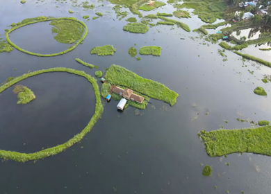 Aerial View of Loktak Lake Floating Islands Phumdis in Manipur India