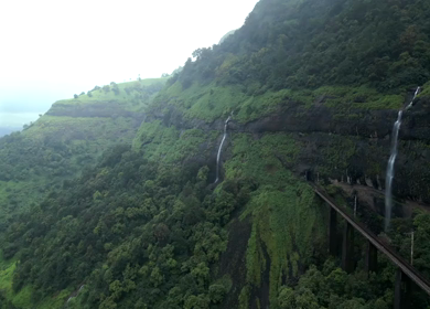 Aerial View of Lonavala Waterfalls and Lush Green Mountains Maharashtra