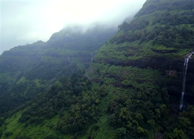 Aerial View of Lonavala Waterfalls and Lush Green Mountains Maharashtra