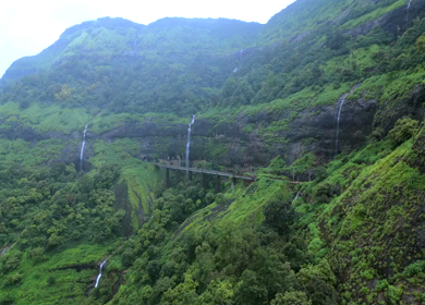 Aerial View of Lonavala Waterfalls and Lush Green Mountains Maharashtra