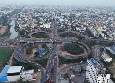 Aerial View of Maduravoyal Flyover Interchange and City Traffic Chennai Tamil Nadu
