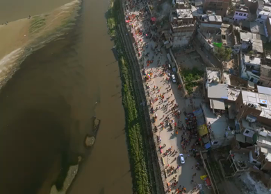 Aerial View of Maha Kumbh Mela 2025 and Pilgrim Gathering, Prayagraj, India