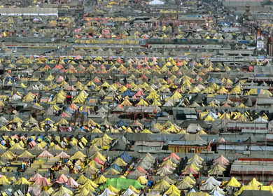 Aerial View of Maha Kumbh Mela 2025 and Pilgrim Gathering, Prayagraj, India