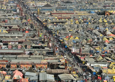 Aerial View of Maha Kumbh Mela 2025 and Pilgrim Gathering, Prayagraj, India