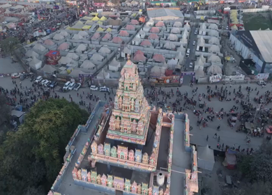 Aerial View of Maha Kumbh Mela 2025 and Pilgrim Gathering, Prayagraj, India