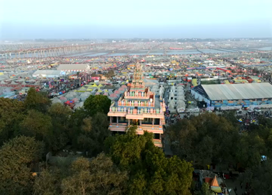 Aerial View of Maha Kumbh Mela 2025 and Pilgrim Gathering, Prayagraj, India