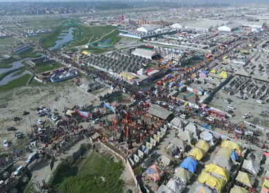 Aerial View of Maha Kumbh Mela 2025 and Pilgrim Gathering, Prayagraj, India