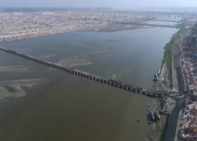 Aerial View of Maha Kumbh Mela 2025 and Pilgrim Gathering, Prayagraj, India