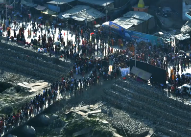 Aerial View of Maha Kumbh Mela 2025 and Pilgrim Gathering, Prayagraj, India