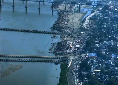 Aerial View of Maha Kumbh Mela 2025 and Pilgrim Gathering, Prayagraj, India