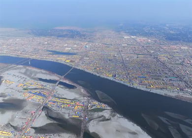 Aerial View of Maha Kumbh Mela 2025 and Pilgrim Gathering, Prayagraj, India
